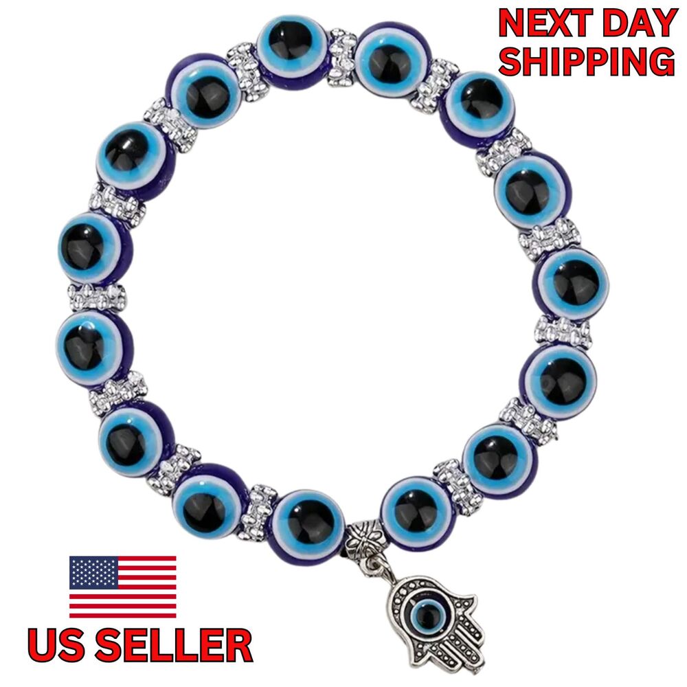 EVIL EYE BRACELET 10mm Glass Bead Blue Stretch for Good Luck Protect Hamsa Hand